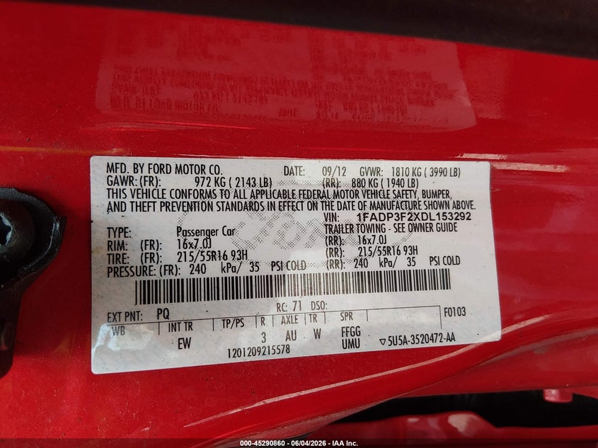 2013 Ford Focus Se VIN: 1FADP3F2XDL153292 Lot: 45290860