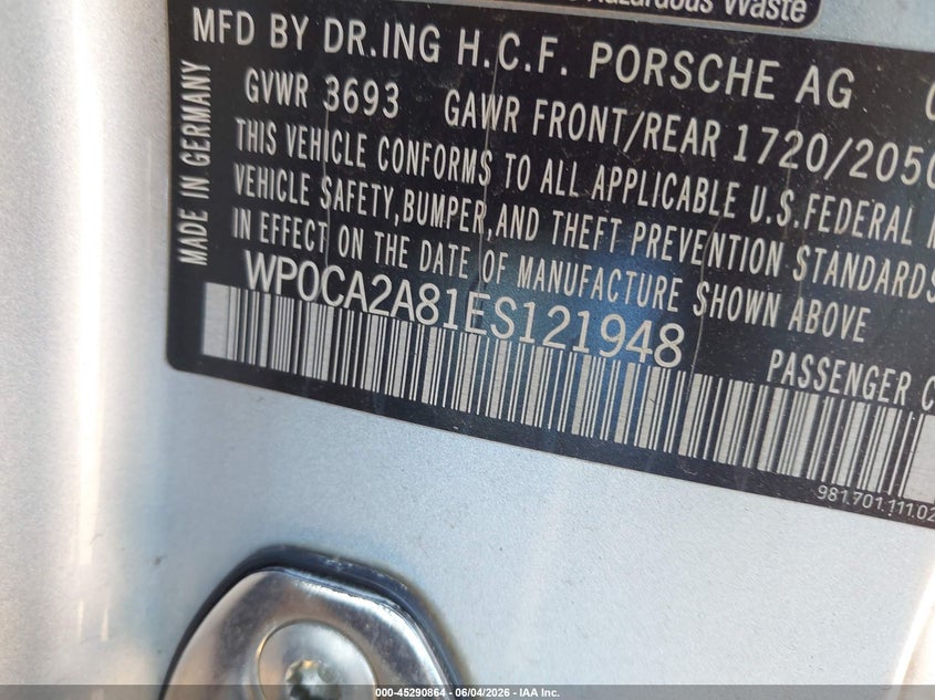 2014 Porsche Boxster VIN: WP0CA2A81ES121948 Lot: 45290864