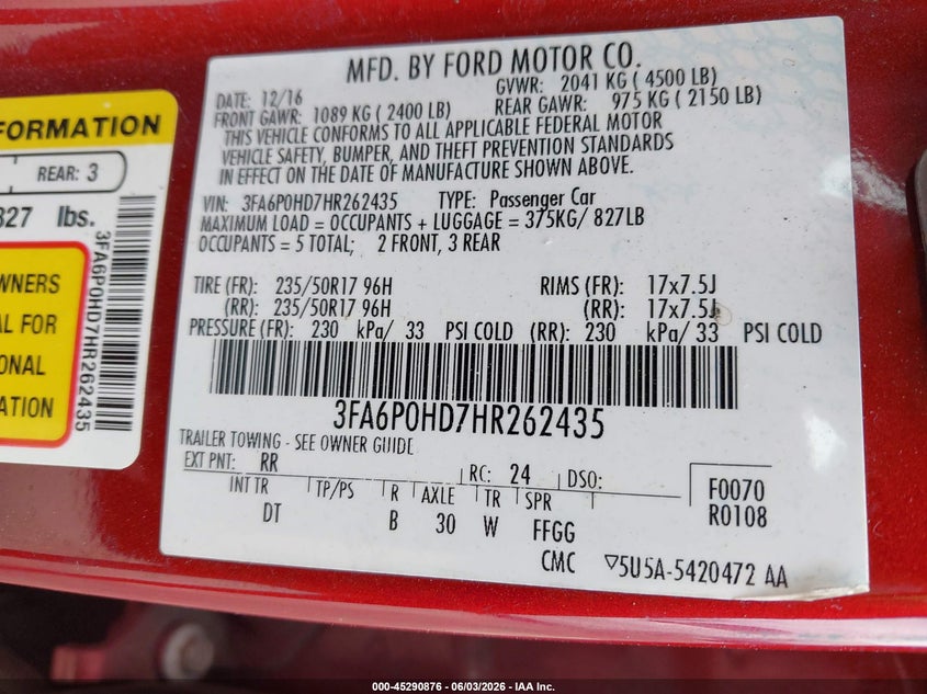 2017 FORD FUSION SEDAN 1.5L I-4 DI, DOHC, VVT, TURBO, 181HP
