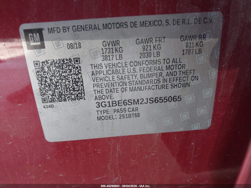 2018 Chevrolet Cruze Lt Auto VIN: 3G1BE6SM2JS655065 Lot: 45290883