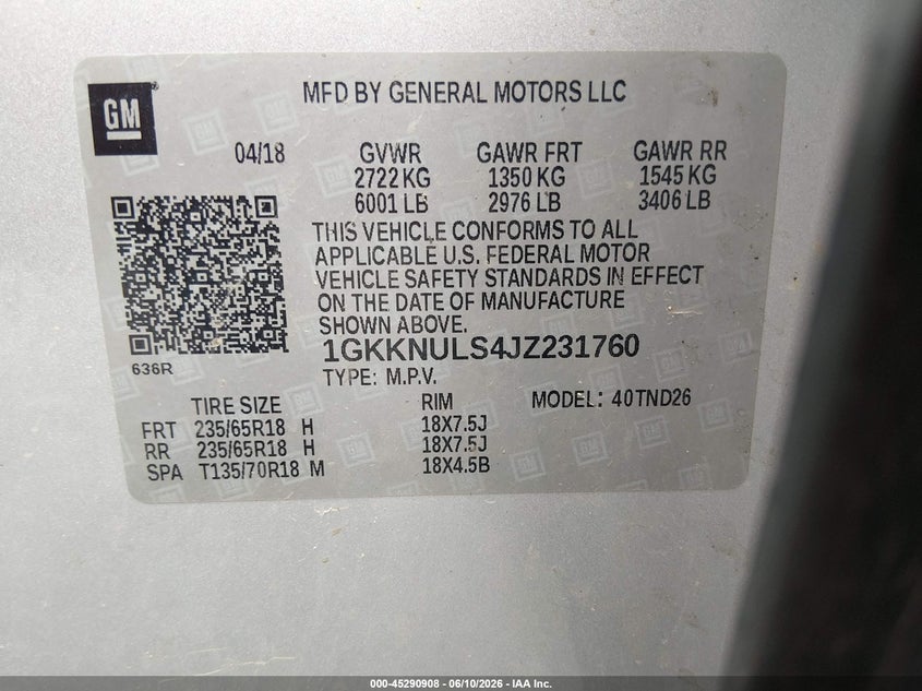 2018 GMC Acadia Slt-1 VIN: 1GKKNULS4JZ231760 Lot: 45290908