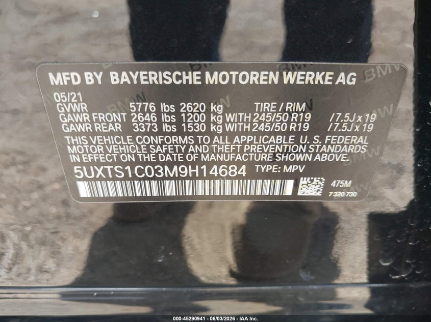 2021 BMW X3 Phev xDrive30E VIN: 5UXTS1C03M9H14684 Lot: 45290941