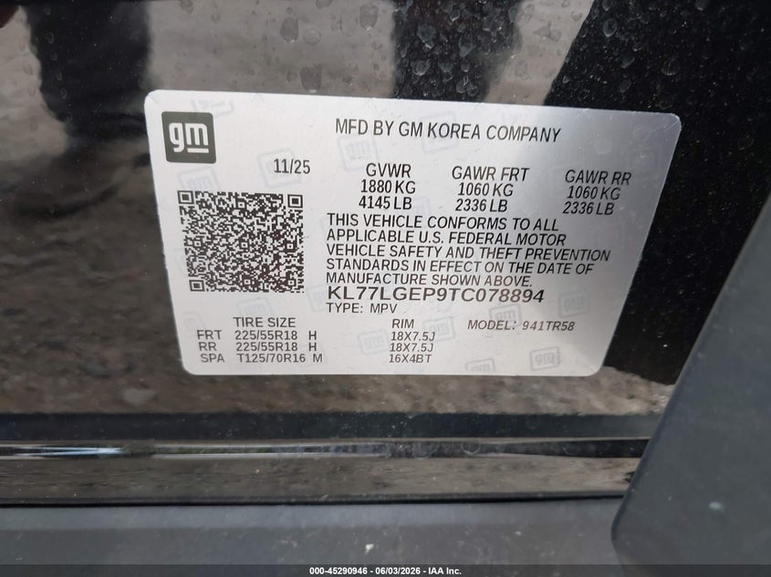 2026 Chevrolet Trax Fwd 1Rs VIN: KL77LGEP9TC078894 Lot: 45290946