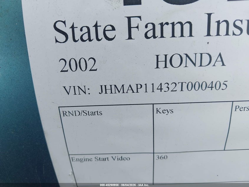 2002 Honda S2000 VIN: JHMAP11432T000405 Lot: 45290956