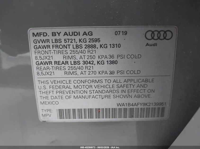2019 Audi Sq5 3.0T Premium VIN: WA1B4AFY9K2139951 Lot: 45290973