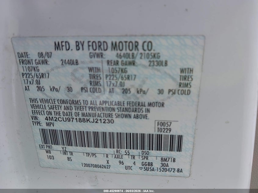 2008 Mercury Mariner Premier VIN: 4M2CU97188KJ21230 Lot: 45290974