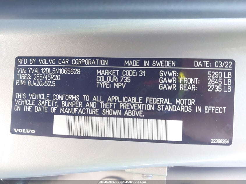 2022 Volvo Xc60 B5 Inscription VIN: YV4L12DL5N1065628 Lot: 45290976