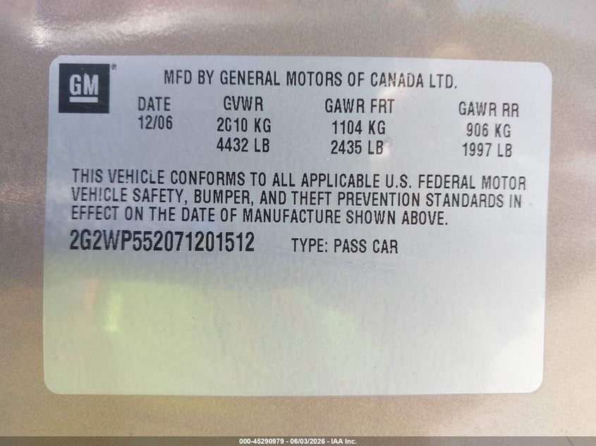 2007 Pontiac Grand Prix VIN: 2G2WP552071201512 Lot: 45290979