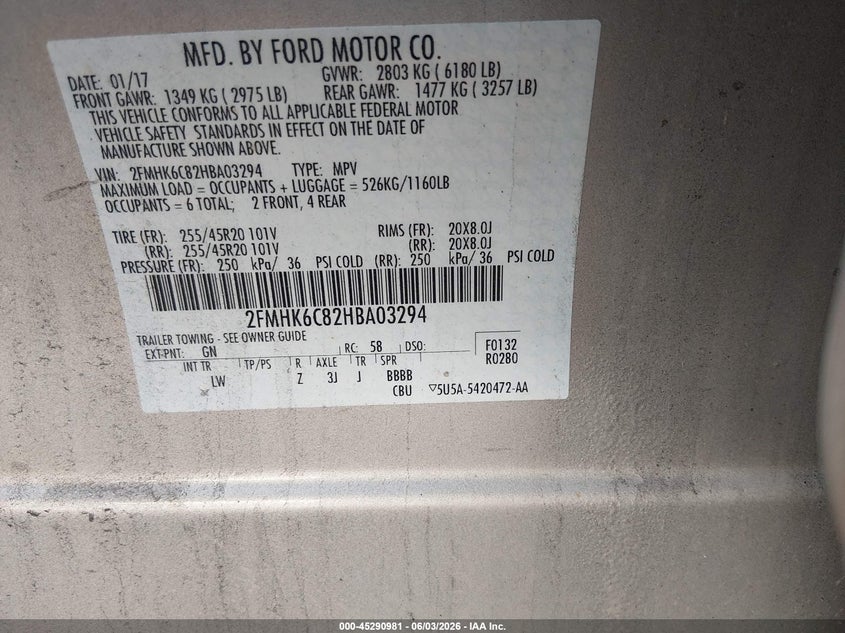 2017 Ford Flex Sel VIN: 2FMHK6C82HBA03294 Lot: 45290981