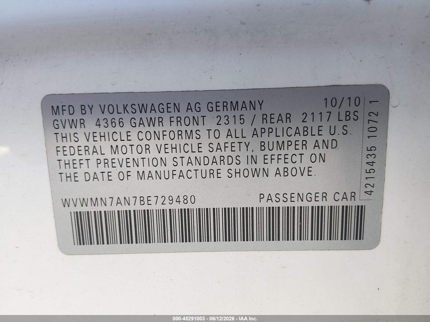 2011 Volkswagen Cc Sport VIN: WVWMN7AN7BE729480 Lot: 45291003