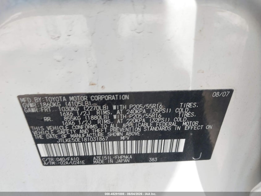2008 Scion Xb VIN: JTLKE50E181031867 Lot: 45291008