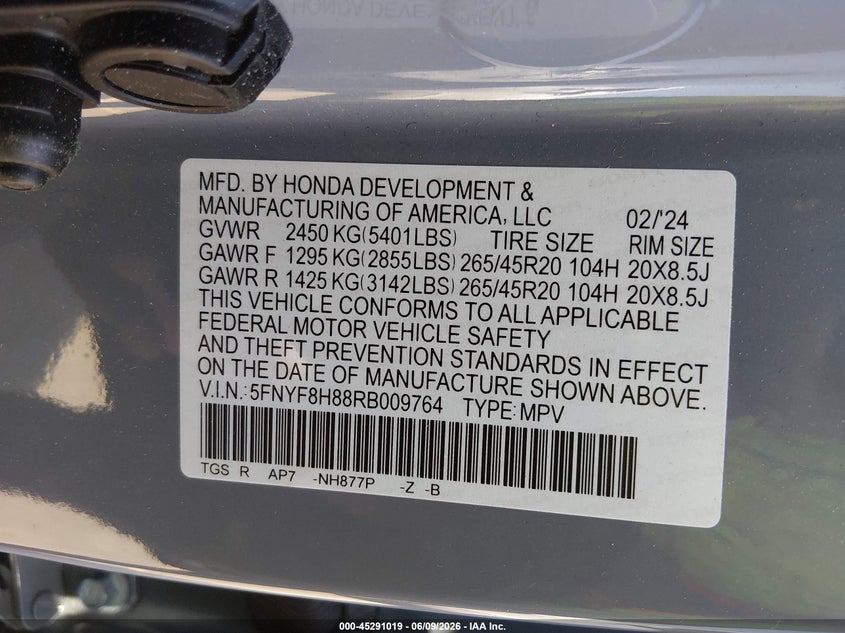 2024 Honda Passport Awd Black VIN: 5FNYF8H88RB009764 Lot: 45291019