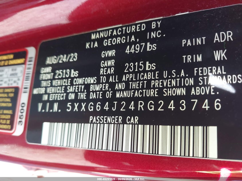 KIA K5 2024 VIN 5XXG64J24RG243746