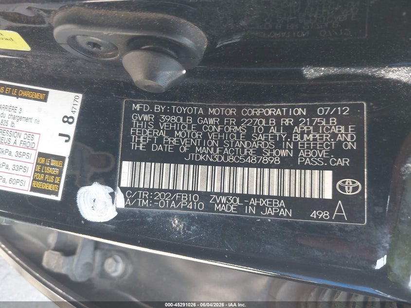 2012 Toyota Prius Two VIN: JTDKN3DU8C5487898 Lot: 45291026
