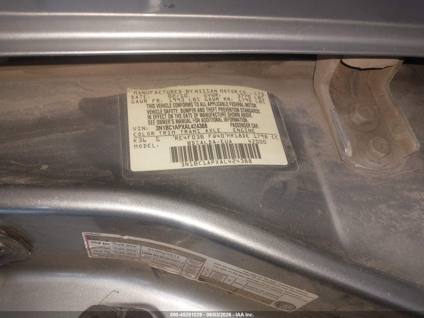 2010 Nissan Versa 1.8S VIN: 3N1BC1APXAL424388 Lot: 45291029