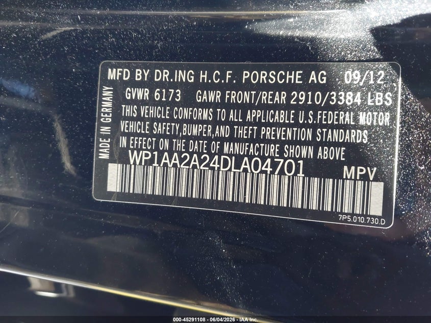 2013 Porsche Cayenne VIN: WP1AA2A24DLA04701 Lot: 45291108