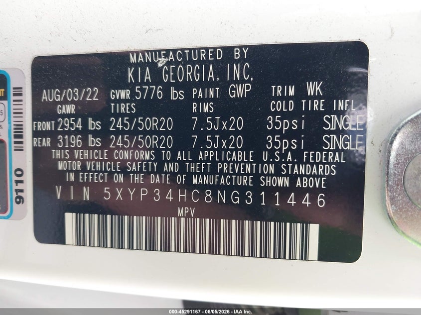 2022 KIA TELLURIDE 3.8L V-6 DI, DOHC, V(VIN: 5XYP34HC8NG311446