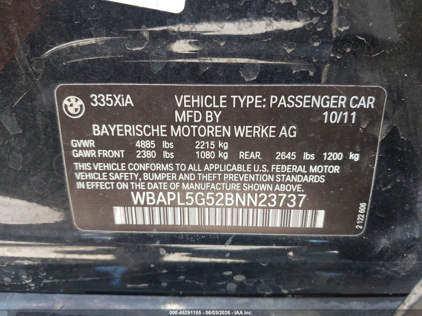 2011 BMW 335I xDrive VIN: WBAPL5G52BNN23737 Lot: 45291185