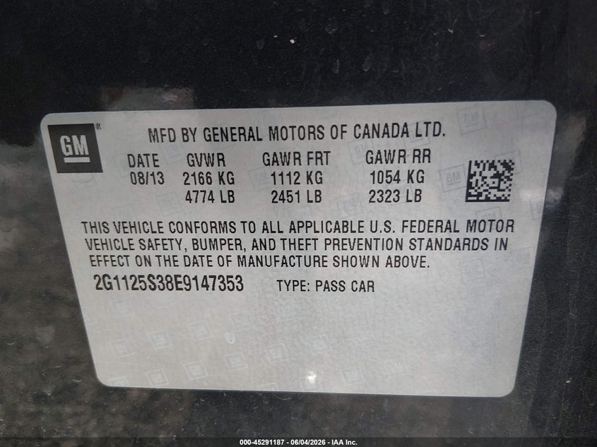 2014 Chevrolet Impala 2Lt VIN: 2G1125S38E9147353 Lot: 45291187