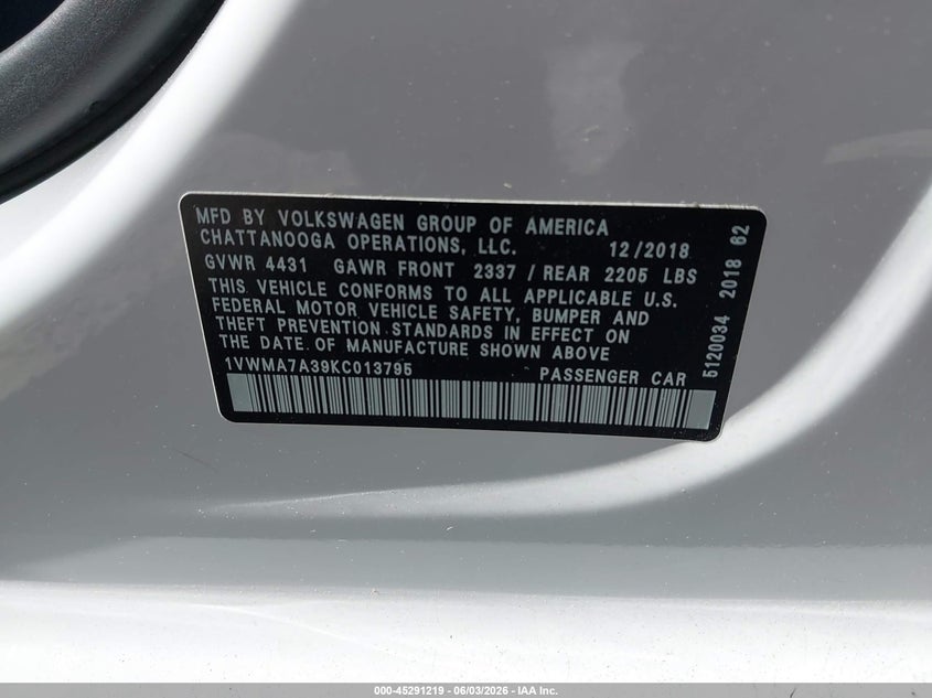 2019 Volkswagen Passat 2.0T Se R-Line VIN: 1VWMA7A39KC013795 Lot: 45291219
