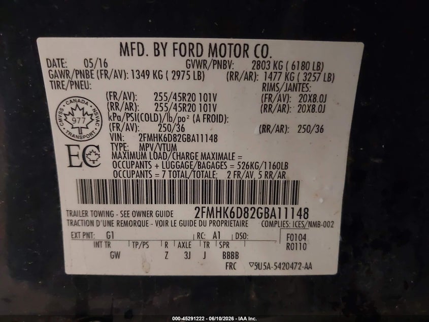 2016 Ford Flex Limited VIN: 2FMHK6D82GBA11148 Lot: 45291222