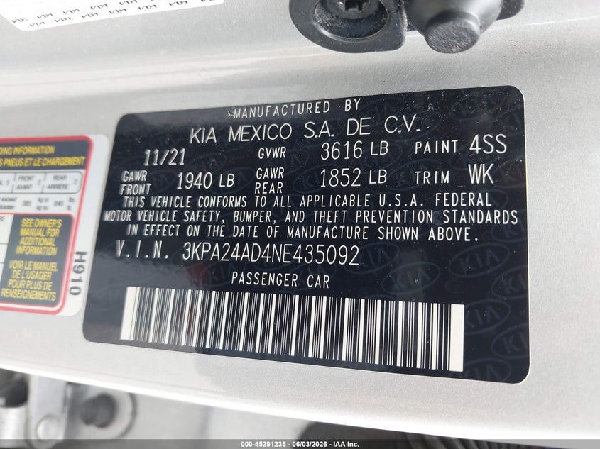 2022 Kia Rio S VIN: 3KPA24AD4NE435092 Lot: 45291235