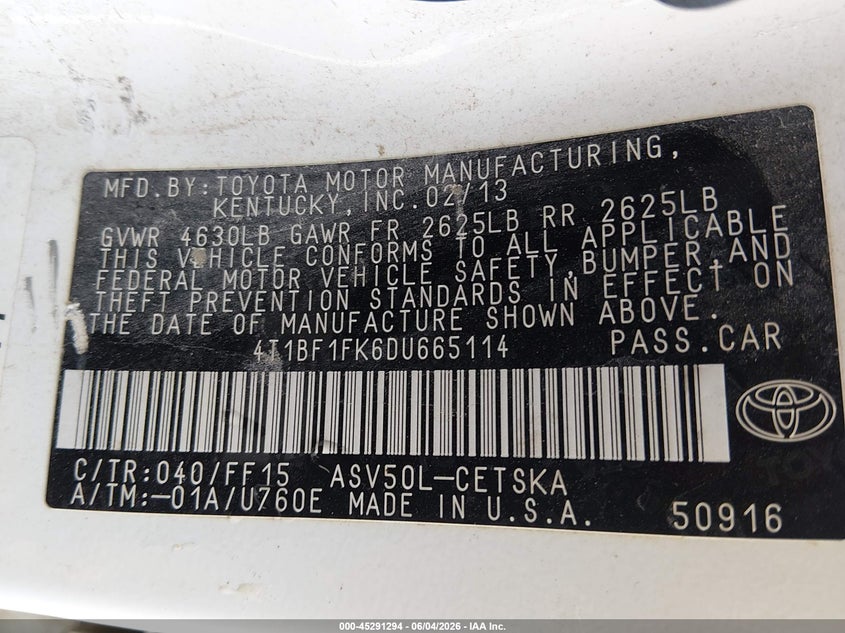 2013 Toyota Camry Se VIN: 4T1BF1FK6DU665114 Lot: 45291294