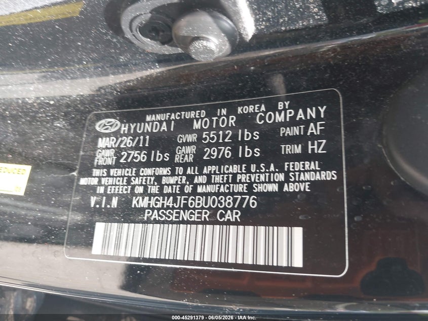 2011 Hyundai Equus Ultimate VIN: KMHGH4JF6BU038776 Lot: 45291379