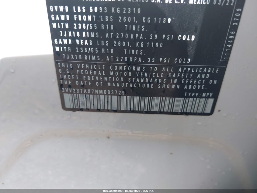 2022 Volkswagen Tiguan 2.0T Se VIN: 3VV2B7AX7NM083729 Lot: 45291390
