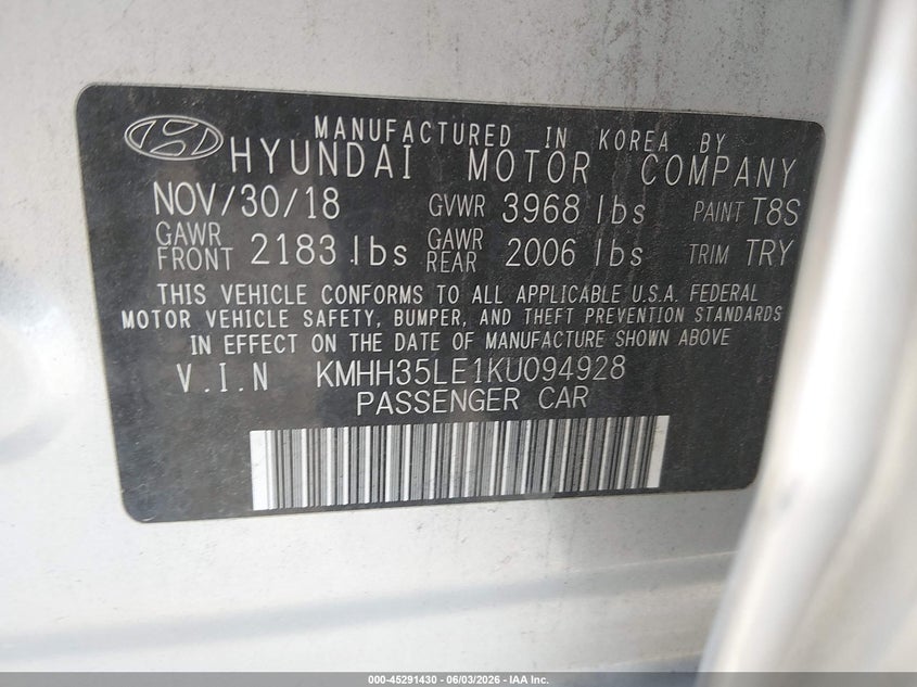 2019 Hyundai Elantra Gt VIN: KMHH35LE1KU094928 Lot: 45291430