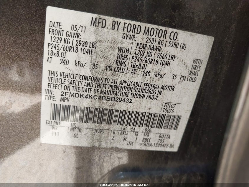 2011 Ford Edge Limited VIN: 2FMDK4KC4BBB29432 Lot: 45291527
