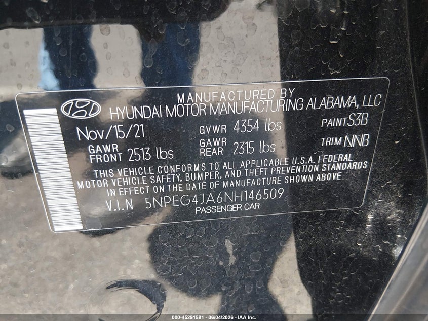 2022 Hyundai Sonata Se VIN: 5NPEG4JA6NH146509 Lot: 45291581