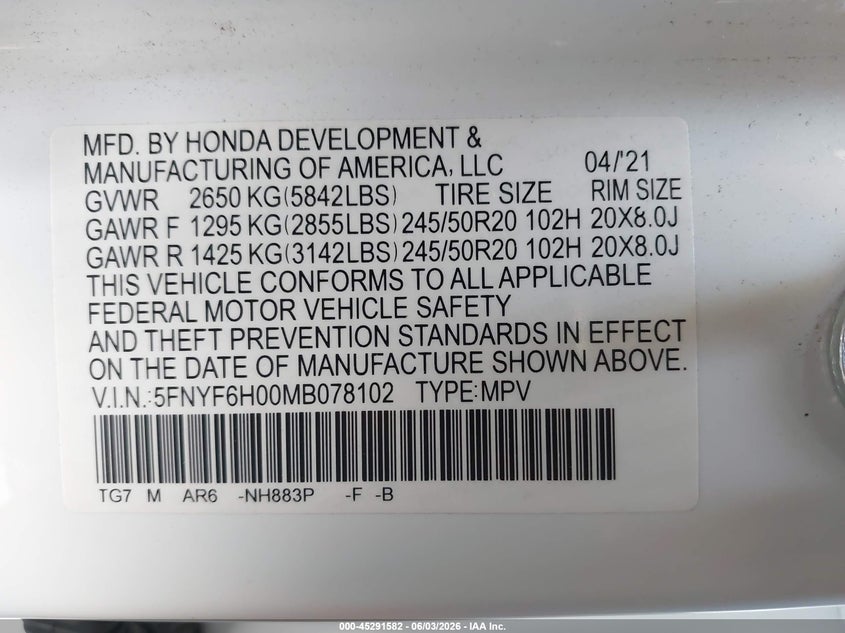 VIN 5FNYF6H00MB078102 2021 HONDA PILOT AWD ELITE