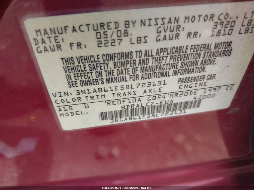2008 Nissan Sentra 2.0 VIN: 3N1AB61E58L723131 Lot: 45291591