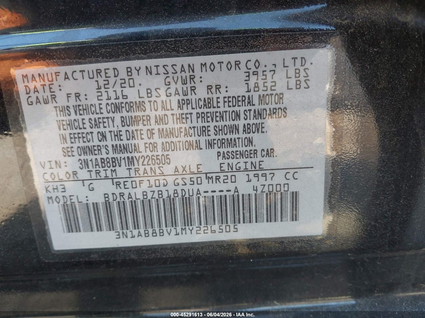 2021 Nissan Sentra S Xtronic Cvt VIN: 3N1AB8BV1MY226505 Lot: 45291613