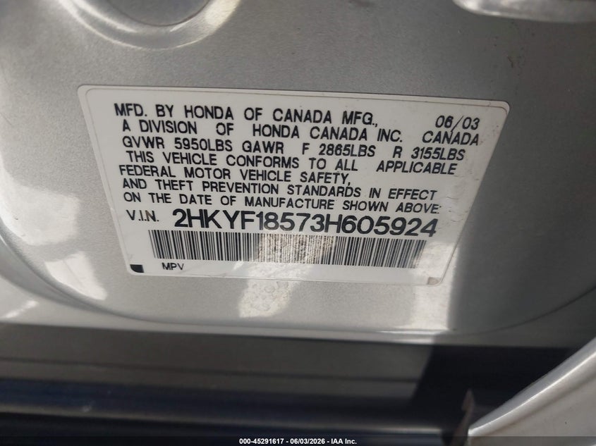 2003 Honda Pilot Ex-L VIN: 2HKYF18573H605924 Lot: 45291617