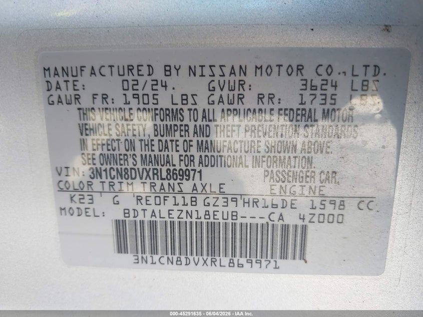 2024 Nissan Versa 1.6 S VIN: 3N1CN8DVXRL869971 Lot: 45291635