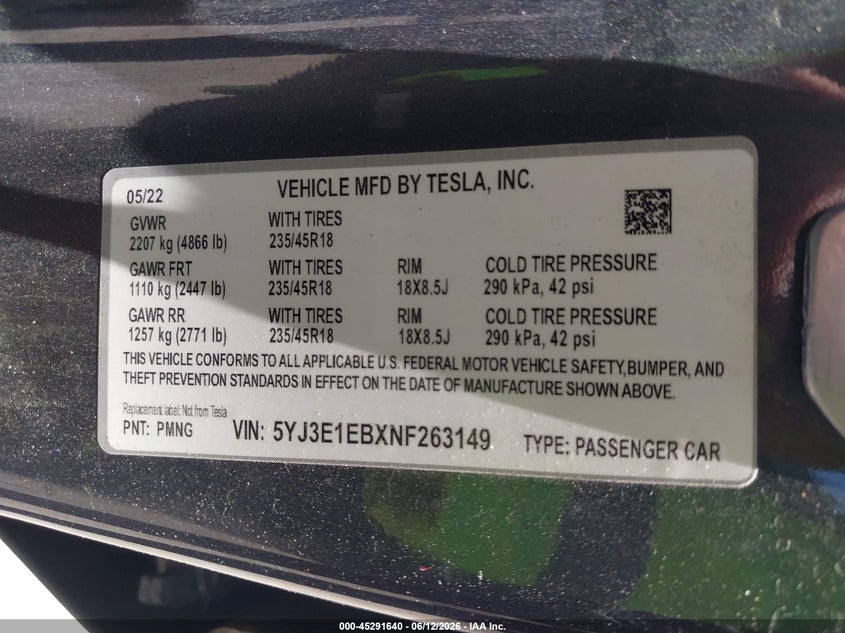 2022 TESLA MODEL 3 ELECTRIC(VIN: 5YJ3E1EBXNF263149