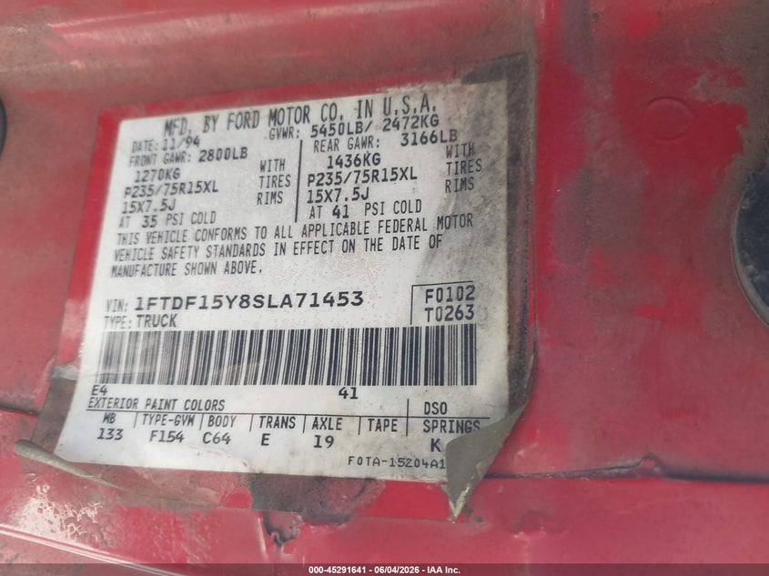1995 Ford F150 VIN: 1FTDF15Y8SLA71453 Lot: 45291641