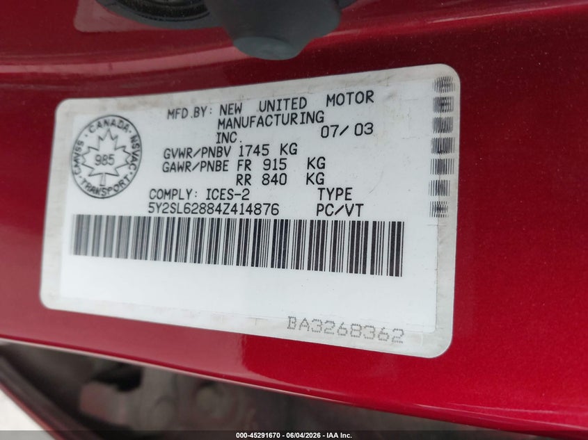 2004 Pontiac Vibe VIN: 5Y2SL62884Z414876 Lot: 45291670