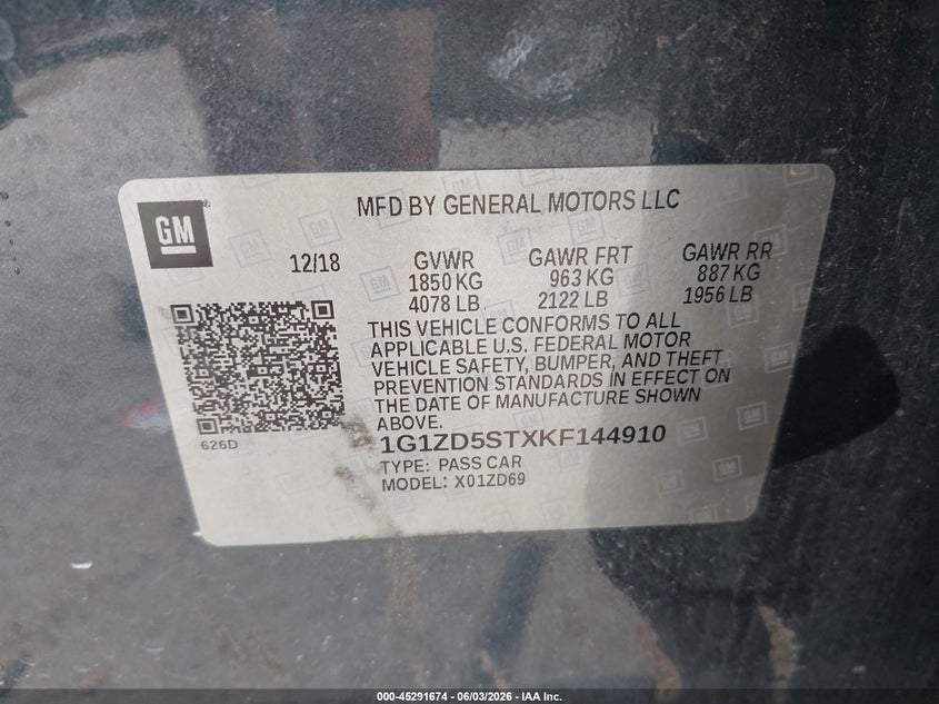 2019 Chevrolet Malibu Lt VIN: 1G1ZD5STXKF144910 Lot: 45291674