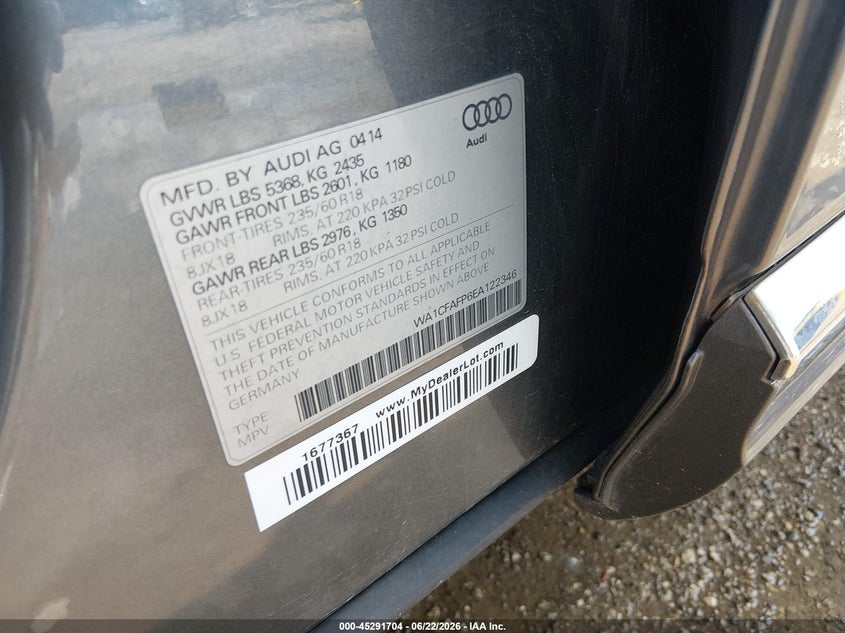 AUDI Q5 2014 VIN WA1CFAFP6EA122346