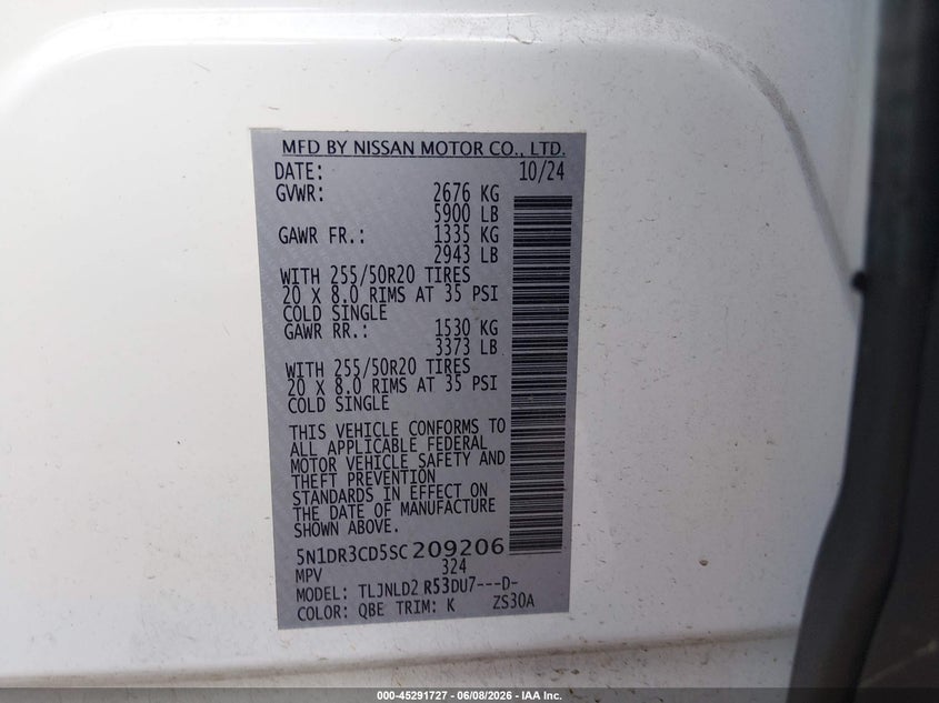 2025 NISSAN PATHFINDER 3.5L V-6 DI, DOHC, V(VIN: 5N1DR3CD5SC209206