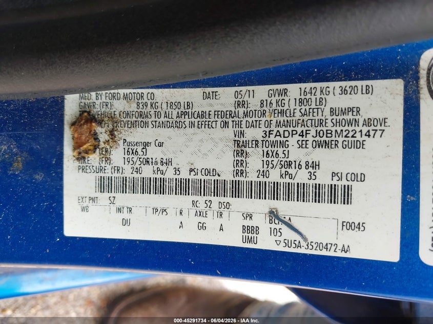 2011 Ford Fiesta Ses VIN: 3FADP4FJ0BM221477 Lot: 45291734