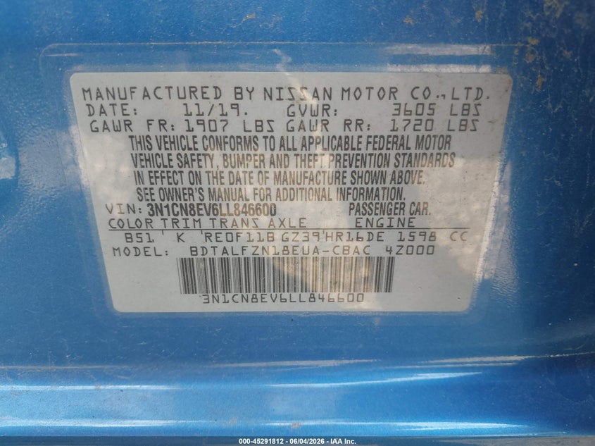 2020 Nissan Versa Sv Xtronic Cvt VIN: 3N1CN8EV6LL846600 Lot: 45291812