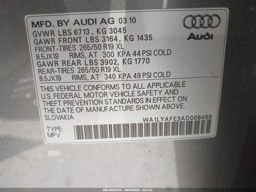 2010 Audi Q7 3.6 Premium VIN: WA1LYAFE3AD006488 Lot: 45291816
