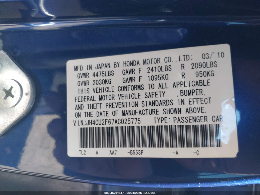2010 Acura Tsx 2.4 VIN: JH4CU2F67AC025775 Lot: 45291847