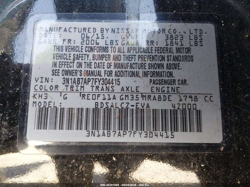 2015 Nissan Sentra S VIN: 3N1AB7AP7FY304415 Lot: 45291868