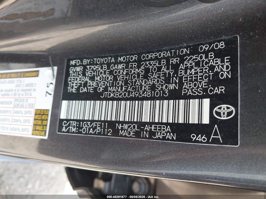 2009 Toyota Prius VIN: JTDKB20U493481013 Lot: 45291877
