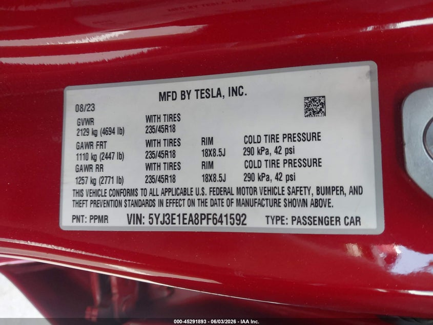2023 Tesla Model 3 Rear-Wheel Drive VIN: 5YJ3E1EA8PF641592 Lot: 45291893